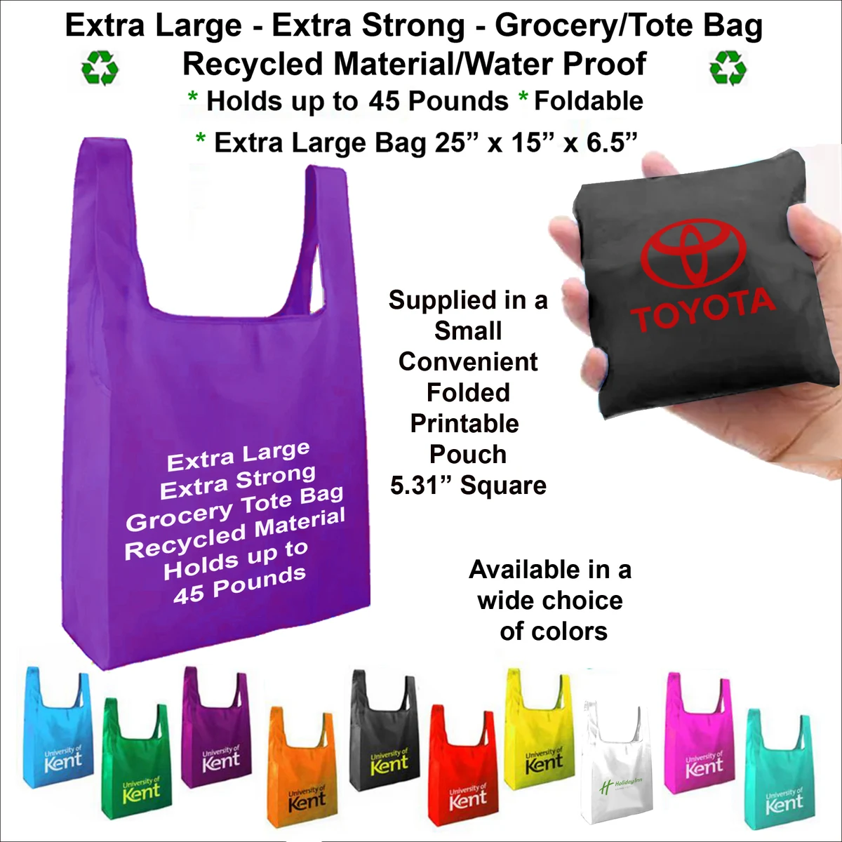 Extra Large, Extra Strong Grocery/Tote Bag - Holds up to 45 Pounds, Recycled Material - Water Proof, custom tote bag with logo imprint 1