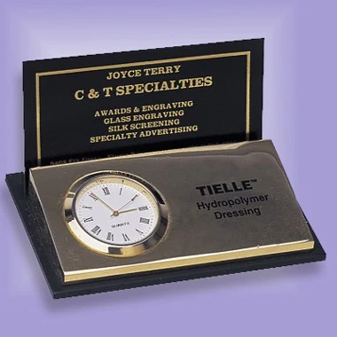 BRASS BUSINESS CARD HOLDER W/ ANALOG CLOCK 1