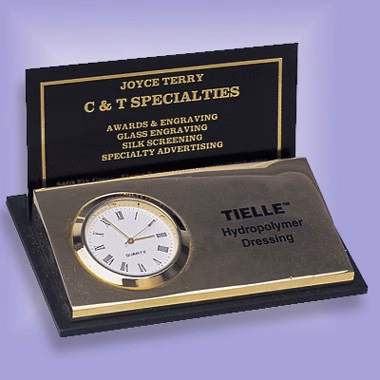 BRASS BUSINESS CARD HOLDER W/ ANALOG CLOCK