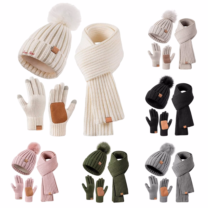 Warm Knit Hat Scarf Touch Screen Gloves Set
