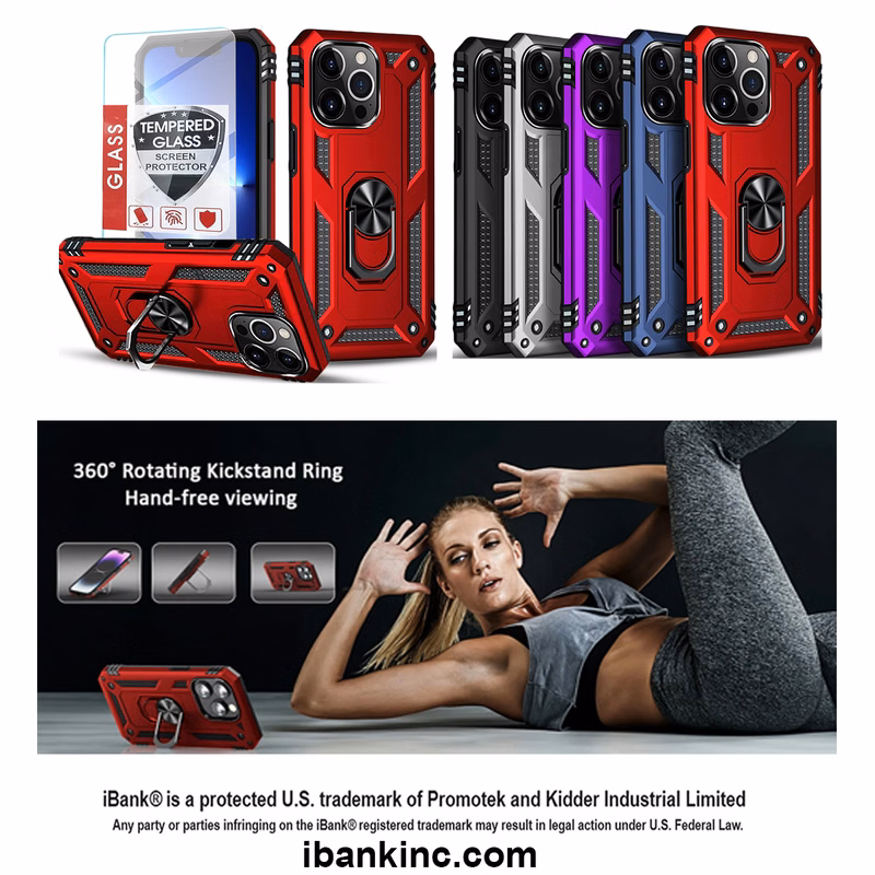 iBank ® Metal Ring Holder Case compatible with iPhone 17/16/15/14 Pro Max Air + Tempered Glass. Free