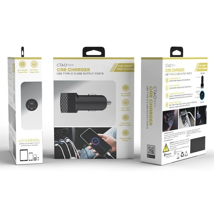 Black Car Chargers - 12V USB-A & Type-C 1