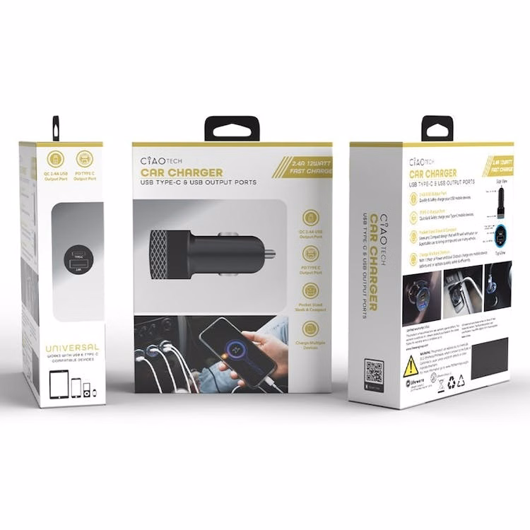 Black Car Chargers - 12V USB-A & Type-C