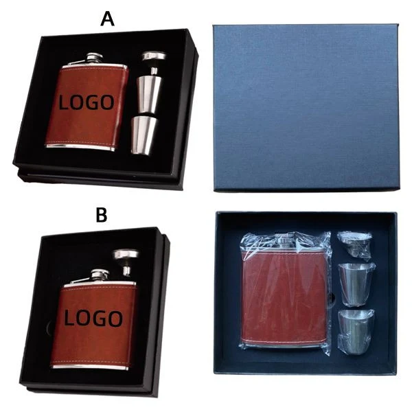 8 oz Stainless Steel Leatherette Flask Gift Set 1