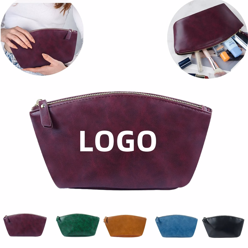 Leather Zipper Cosmetic Pouch Small Makeup Bag For Travel
