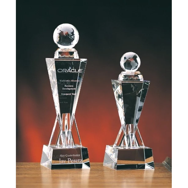 Globe On Victory Tower Optic Crystal Award - Large 1