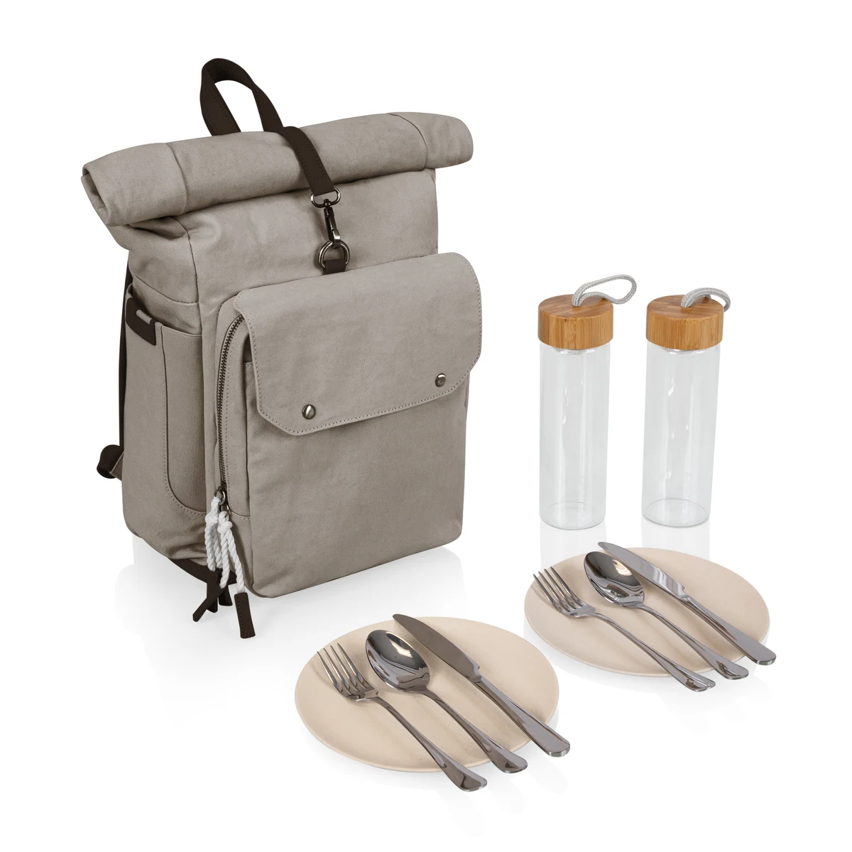 Carmel Roll Top Picnic Backpack Cooler with Utensil Set & Glass Water Bottles 1