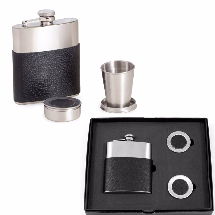 3 in 1 Stainless Steel/Black Leather Flask w/ 2 Collapsible Cups
