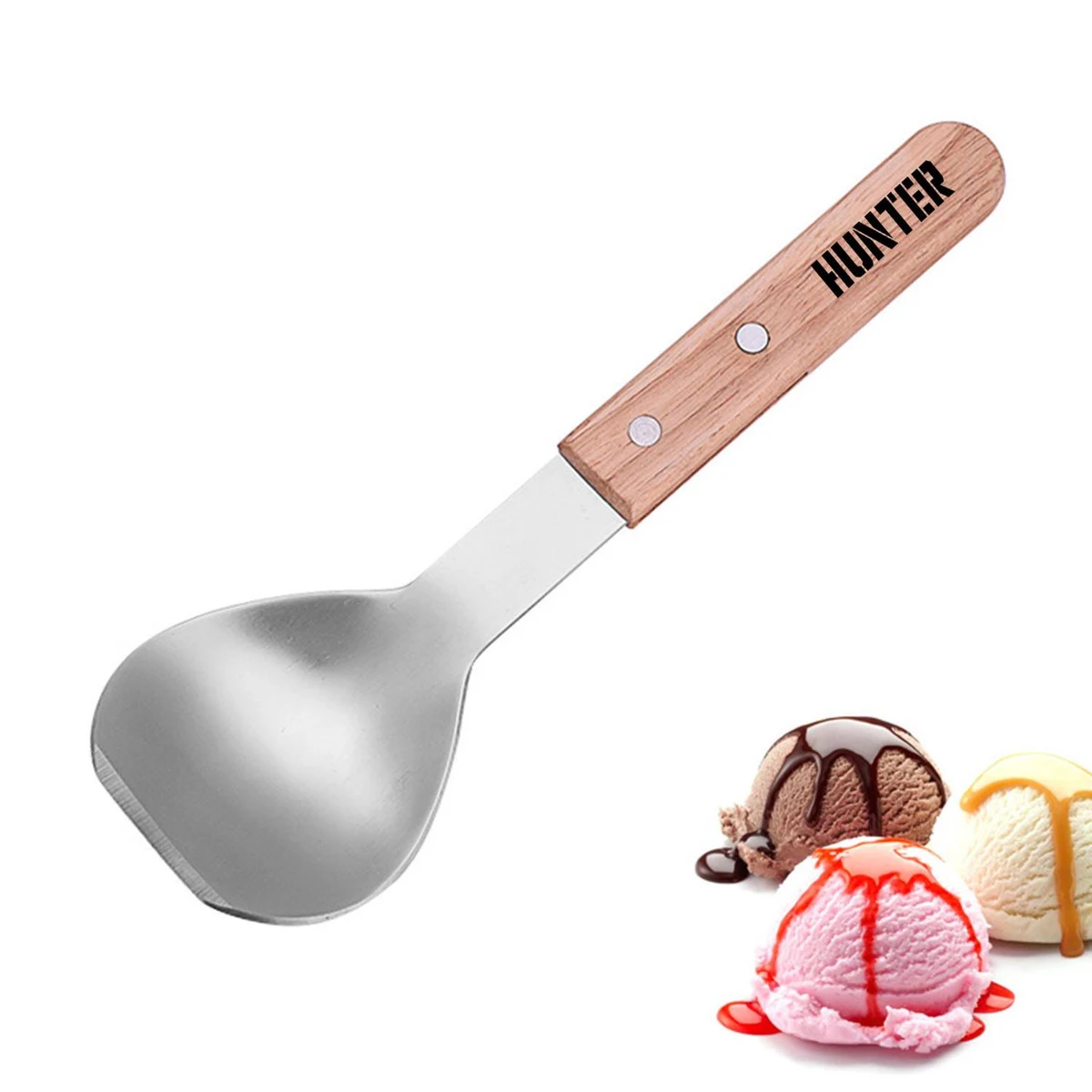 Stainless steel wooden handle ice cream spoon kitchen tool, custom kitchen gadget with logo imprint 1