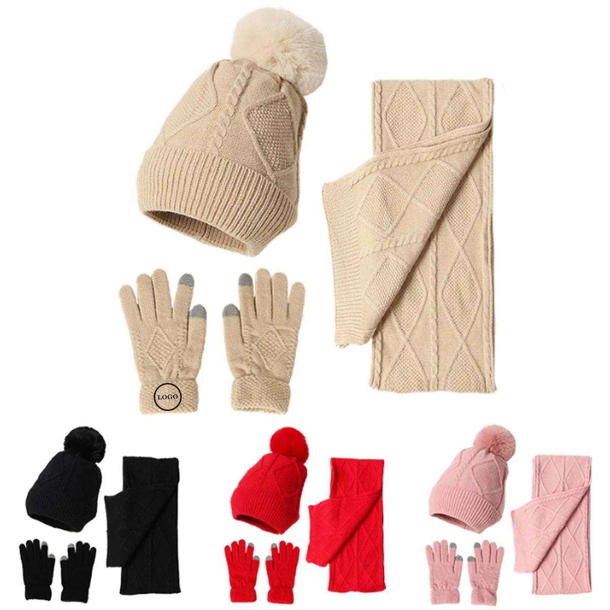 Winter Knit Scarf Set With Hat And Touchscreen Gloves 1