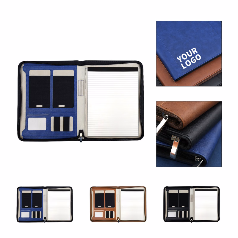 A4 Polyurethane Zipper Padfolio With Sticky Notes