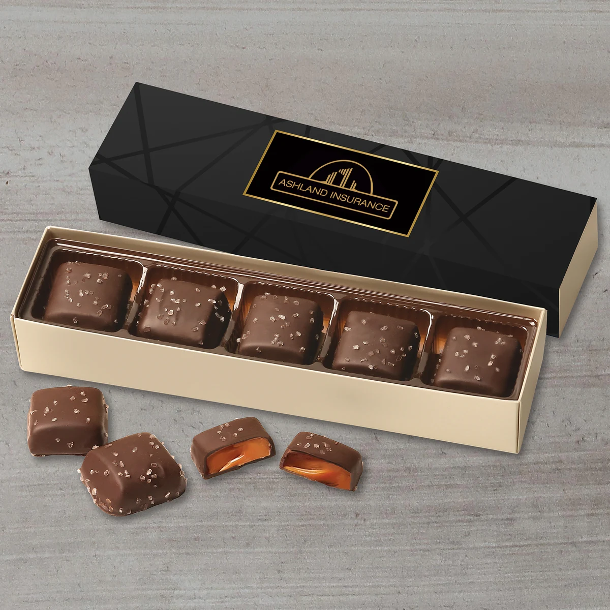 Chocolate Sea Salt Caramels Flight with Black Geometric Wrap 1