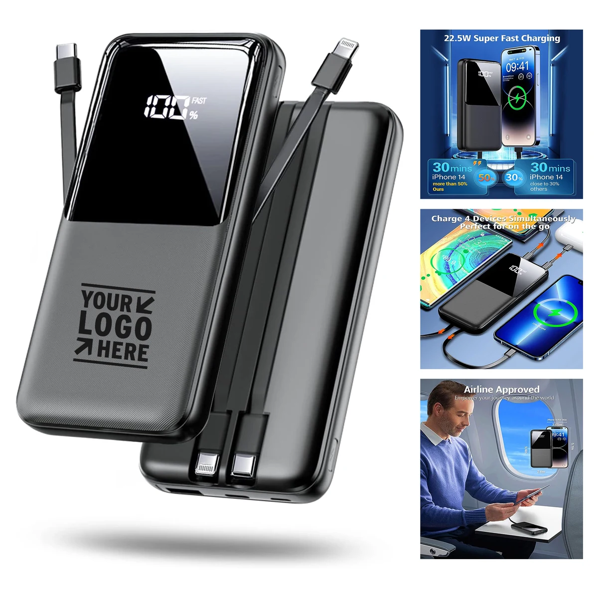 15000mAh Built in USB-C(22.5W) iOS(20W) Output Cable Fast Portable Phone Charger Power Bank 1