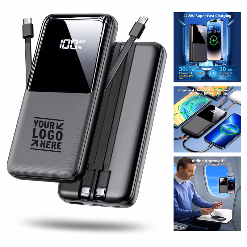 15000mAh Built in USB-C(22.5W) iOS(20W) Output Cable Fast Portable Phone Charger Power Bank  