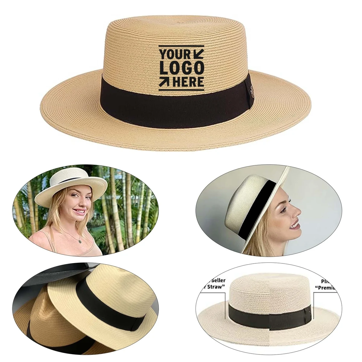 Women Men Fine Braid Pine/ Star Deor Boater Straw Beach UPF50+ Sun Hat 1