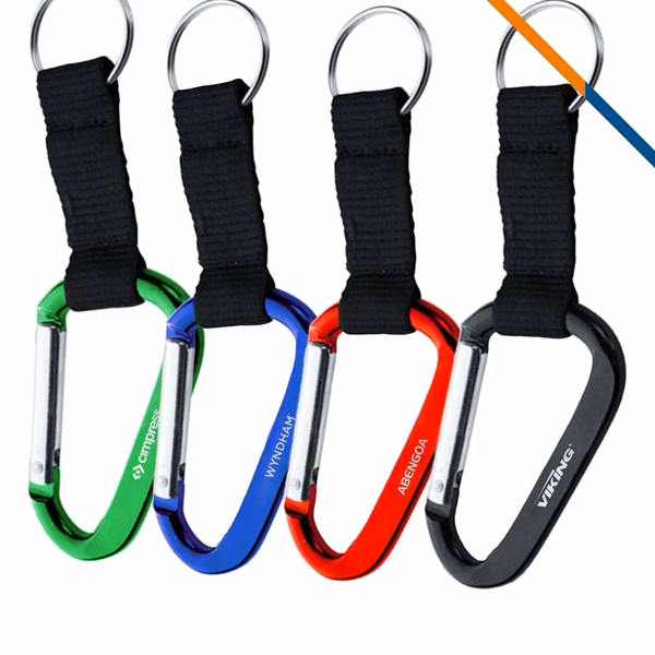 Custom Metal Carabiner Keychain with Threaded Strap — Durable Outdoor Attachment Key Ring