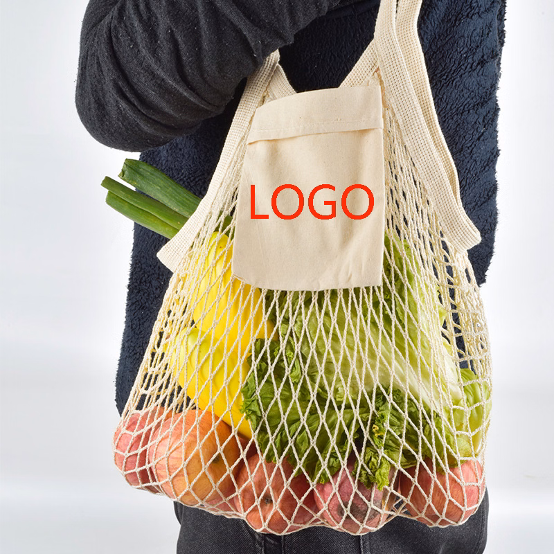 Vegetable Kitchen Cotton Net Bag w/Long Handle String & Pocket
