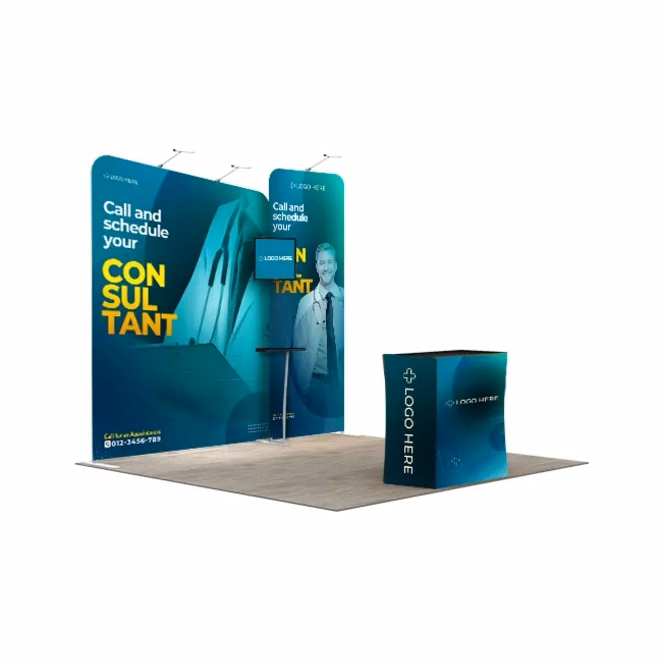 10ft Inline Trade Show Booth – Portable Backwall Display with Counter & Monitor Stand