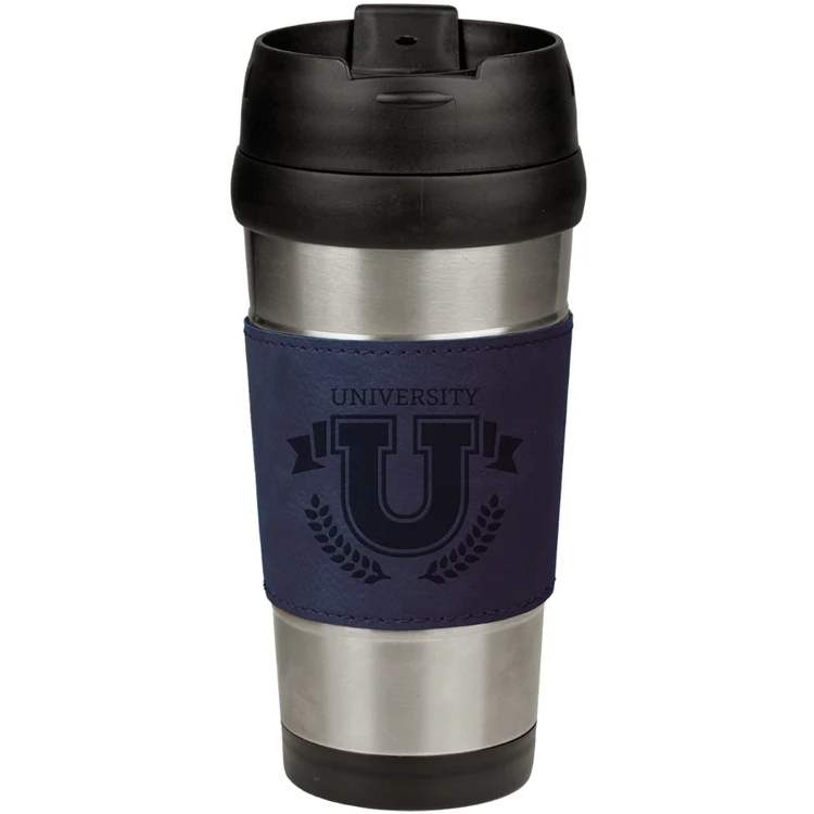 16 oz. Laser Engraved Stainless Steel Travel Mug With Blue Leatherette Grip 1