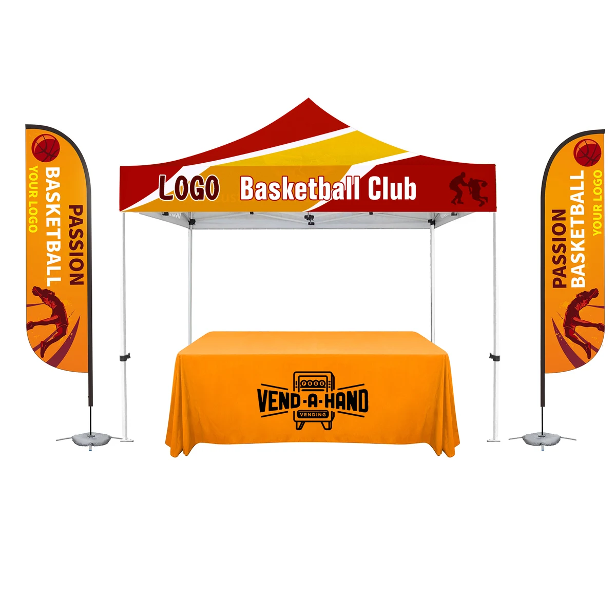 10'X10' Deluxe White Steel Frame, Dye Sub Canopy, Two 11' Feather Flag & 6' Custom Table Throw 1