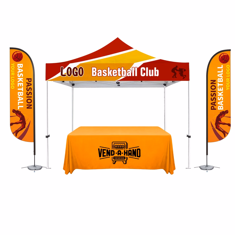 10'X10' Deluxe White Steel Frame, Dye Sub Canopy, Two 11' Feather Flag & 6' Custom Table Throw