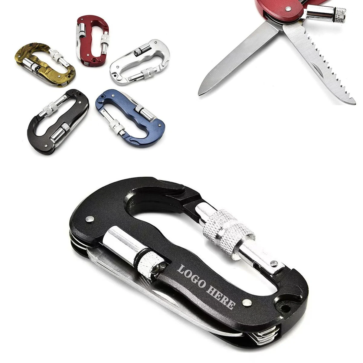 Multi-Purpose D-Shape Carabiner Featuring Folding Knife And 1