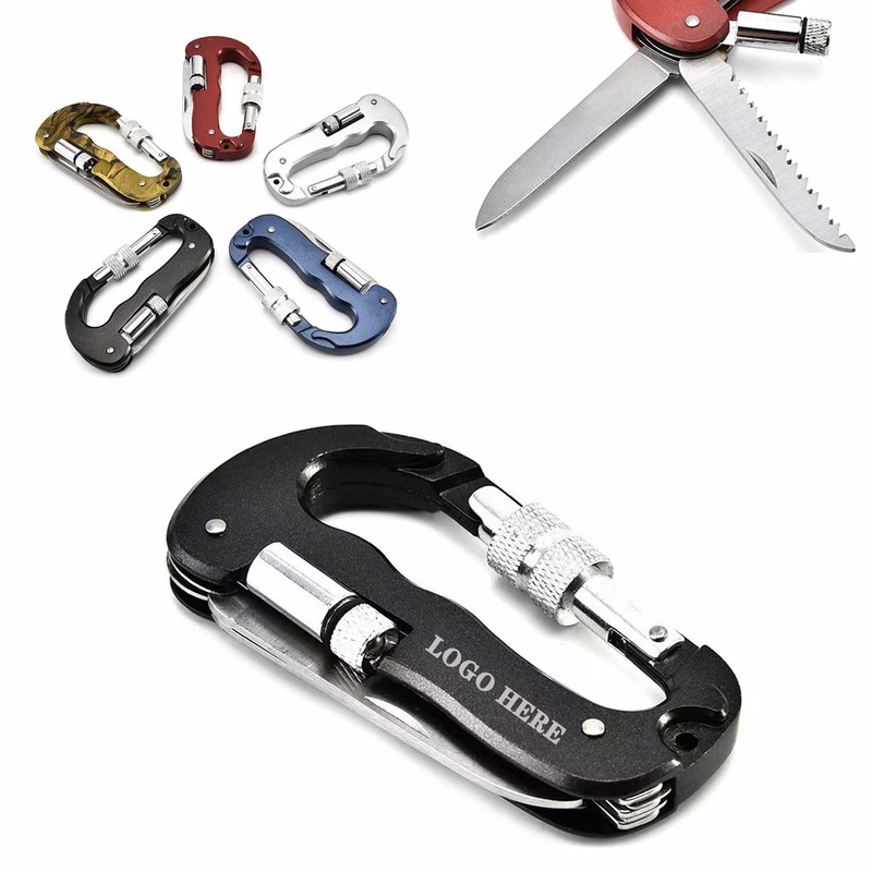 Multi-Purpose D-Shape Carabiner Featuring Folding Knife And