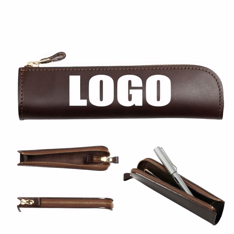 Genuine Leather Zippered School Pen Holder Pencil Case