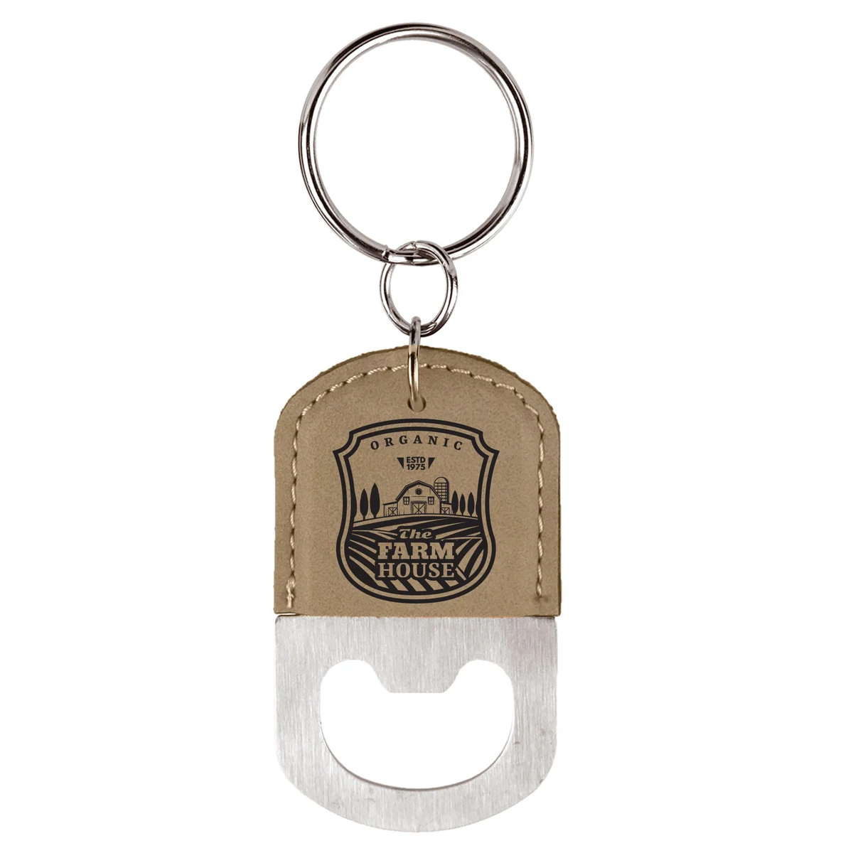 Light Brown Oval Leatherette Bottle Opener Keychain 1