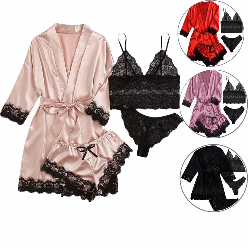Four-Piece Soft Lace Satin Pajama Set