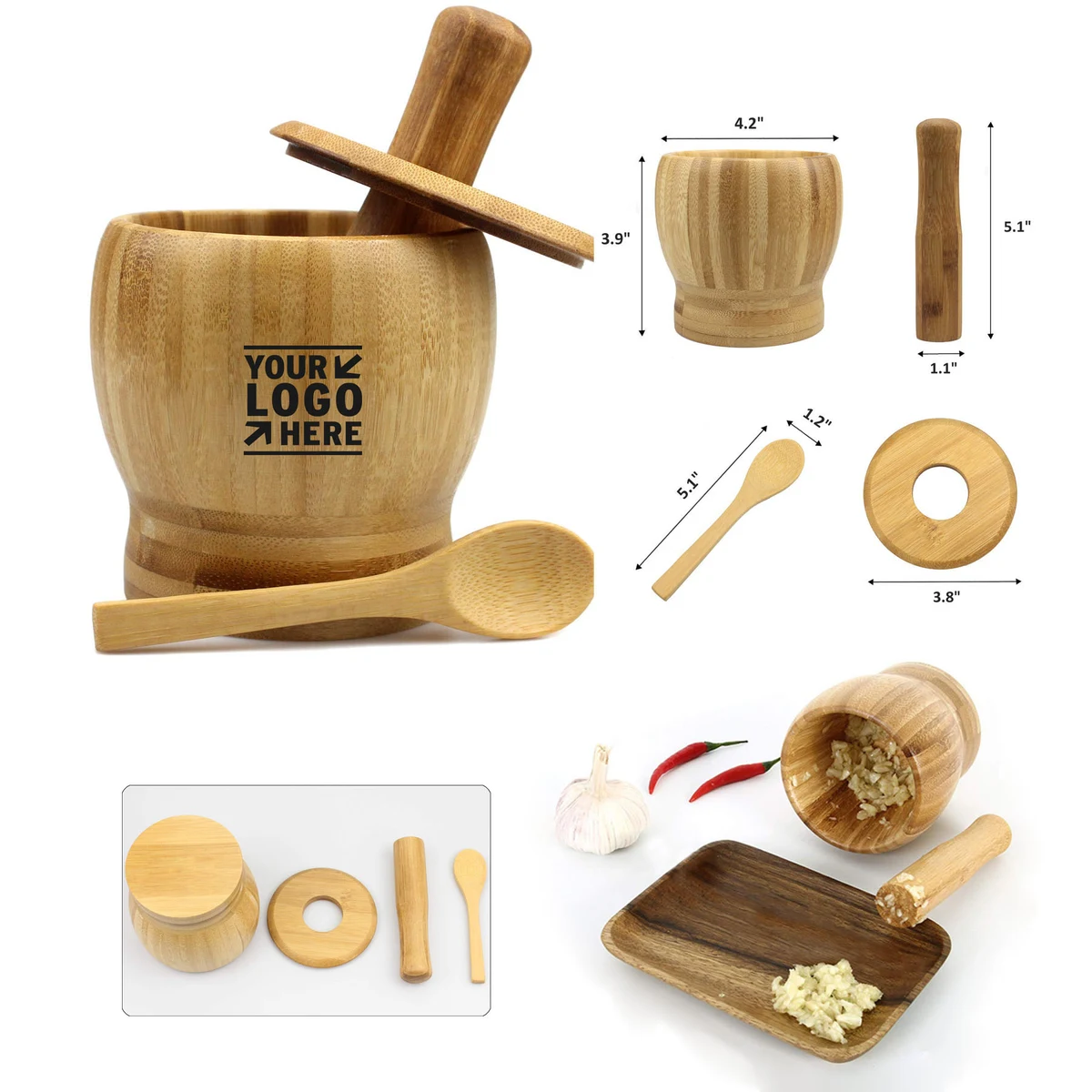 100% Natural Bamboo Wood Garlic Spice Grinder Press Crusher Masher Mortar Pestle Set with Lid Spoon 1
