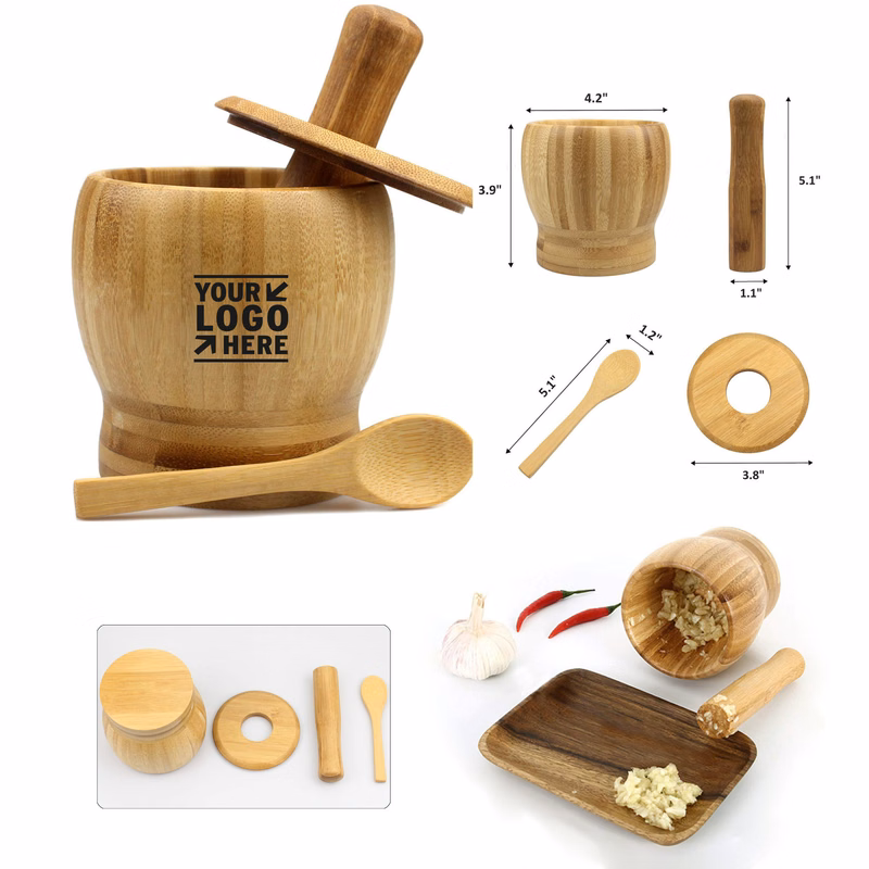 100% Natural Bamboo Wood Garlic Spice Grinder Press Crusher Masher Mortar Pestle Set with Lid Spoon