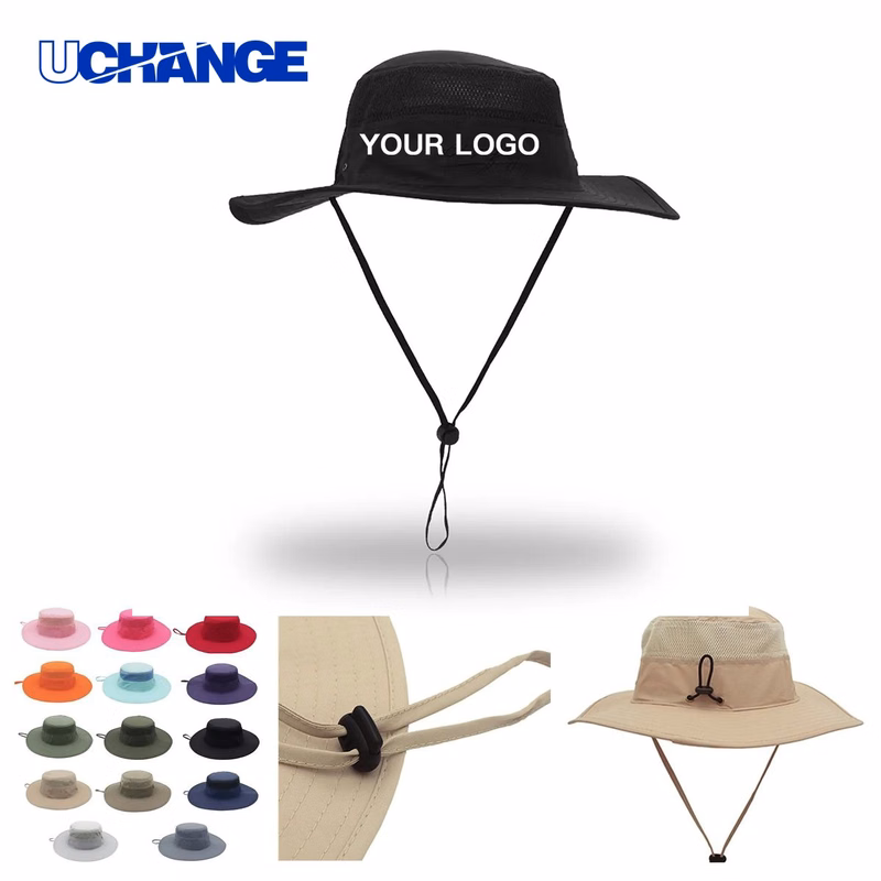 Outdoor Mesh Hat Headwear with Wide Brim and Chin Strap