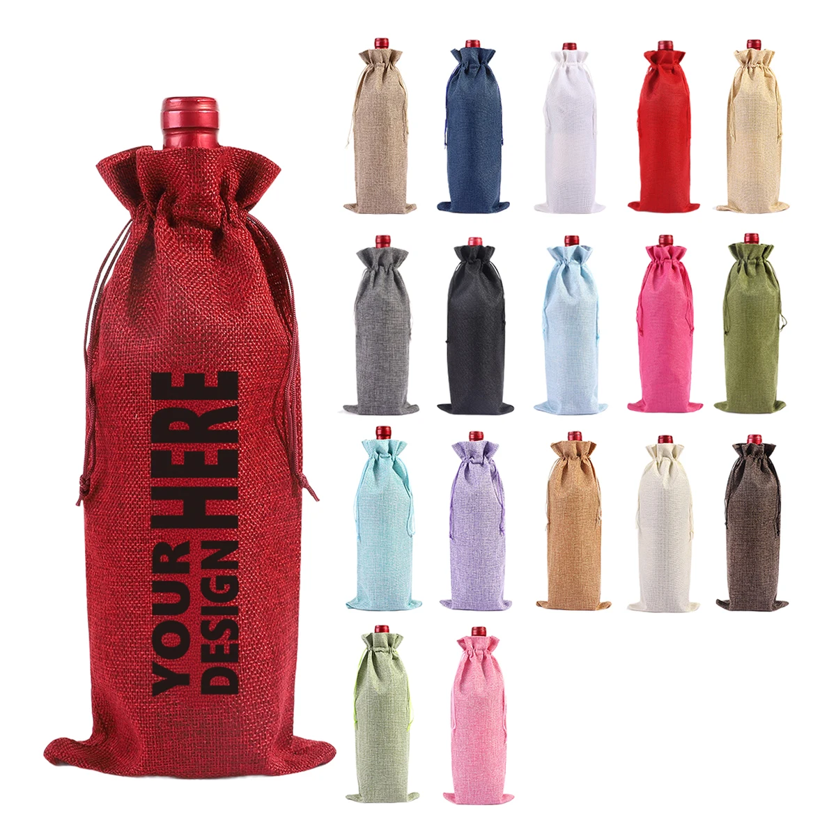 MOQ50 Custom Burlap Wine Bottle Bag with Drawstring 1