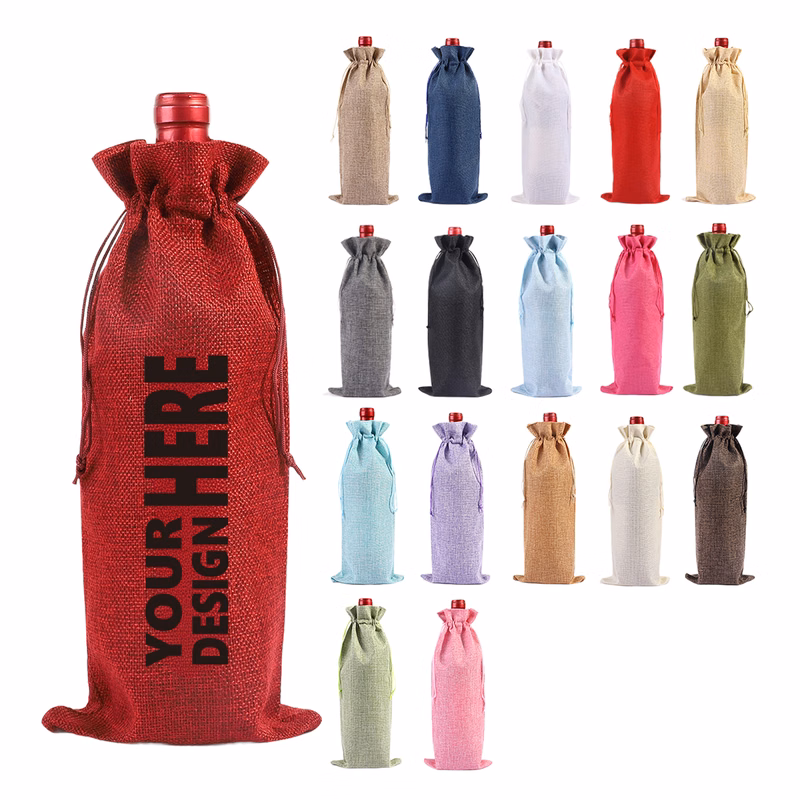 MOQ50 Custom Burlap Wine Bottle Bag with Drawstring