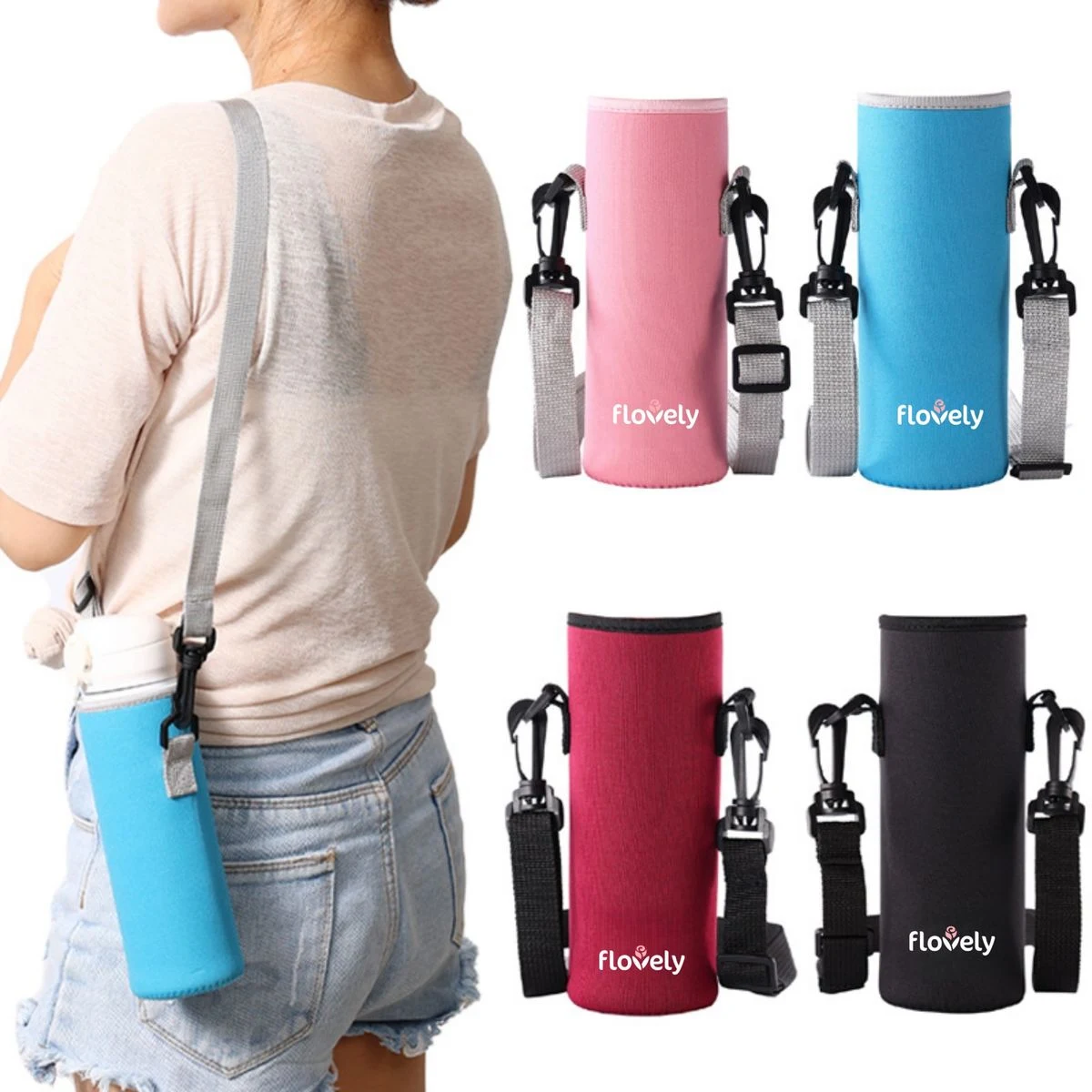 Neoprene Water Bottle Sleeve with Shoulder Strap, custom koozie with logo imprint 1