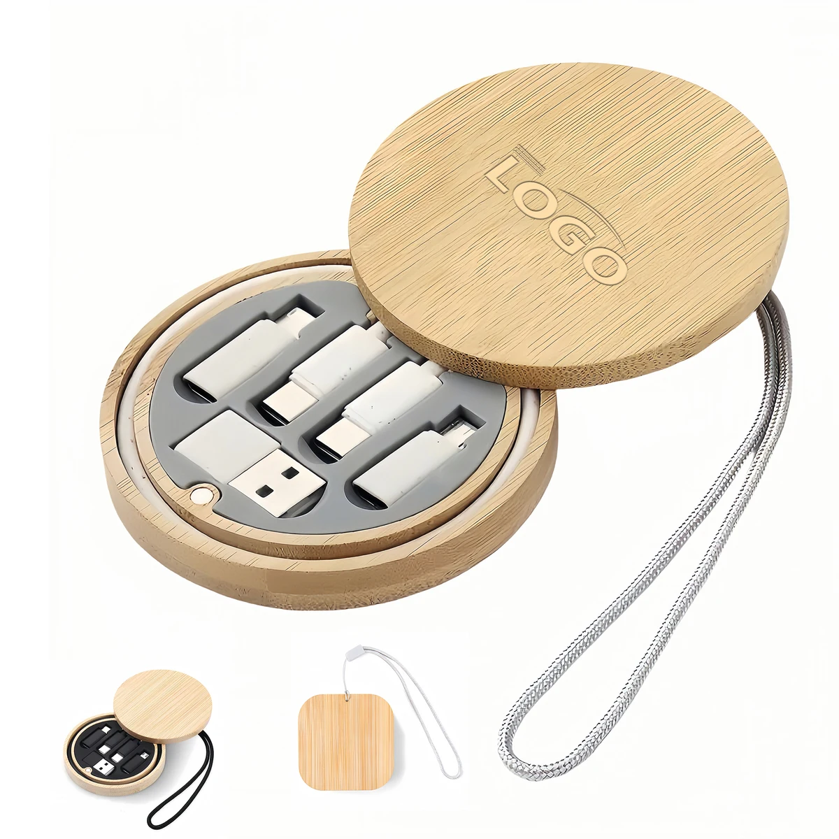 Round Bamboo Cable Organizer with Lanyard 1