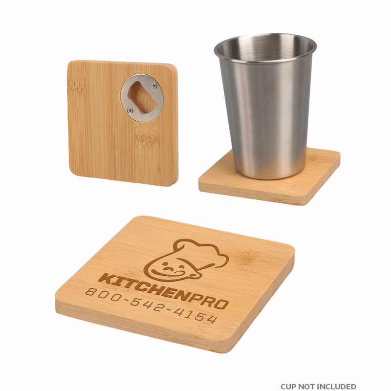 Union Printed - 4 inch Square Bamboo Coaster with Beer Opener - Laser Engraved Logo