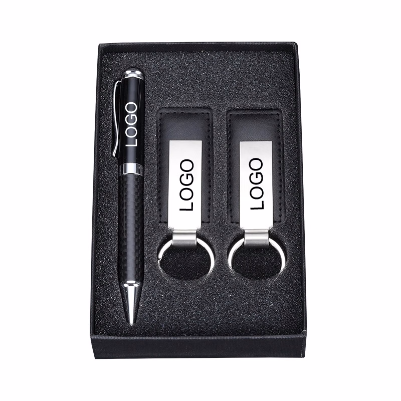 Leather/Metal Key Tag and Carbon Fiber Ballpoint Gift Set