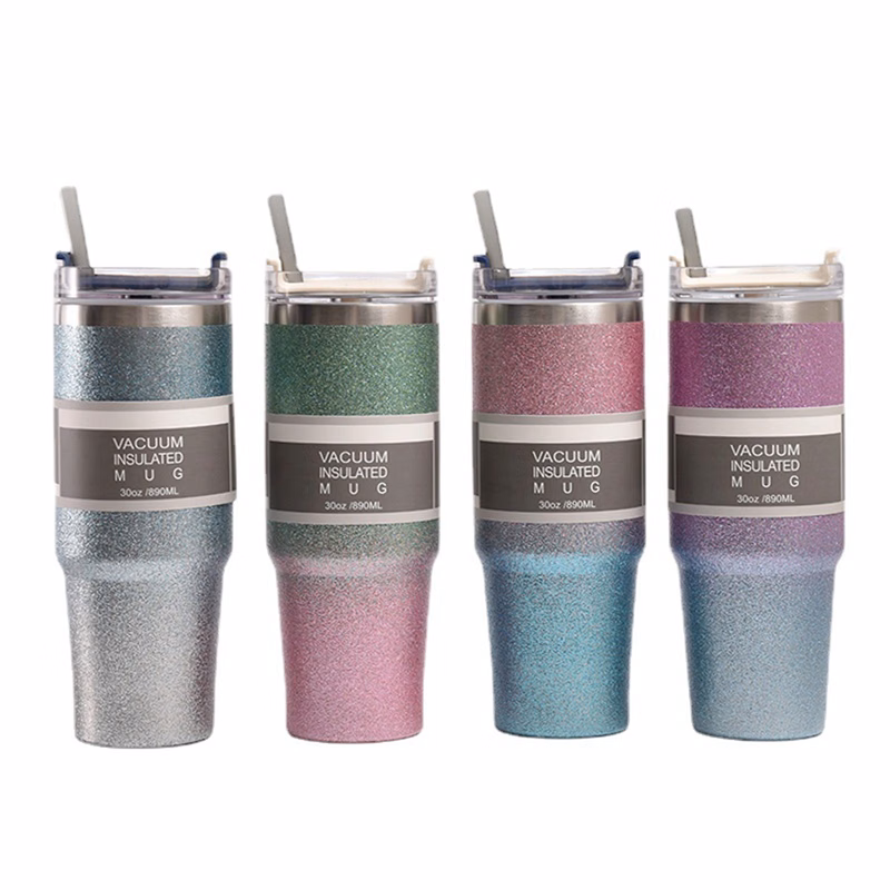 30oz Double Wall Glitter Coffee Tumbler with Straw & Lid