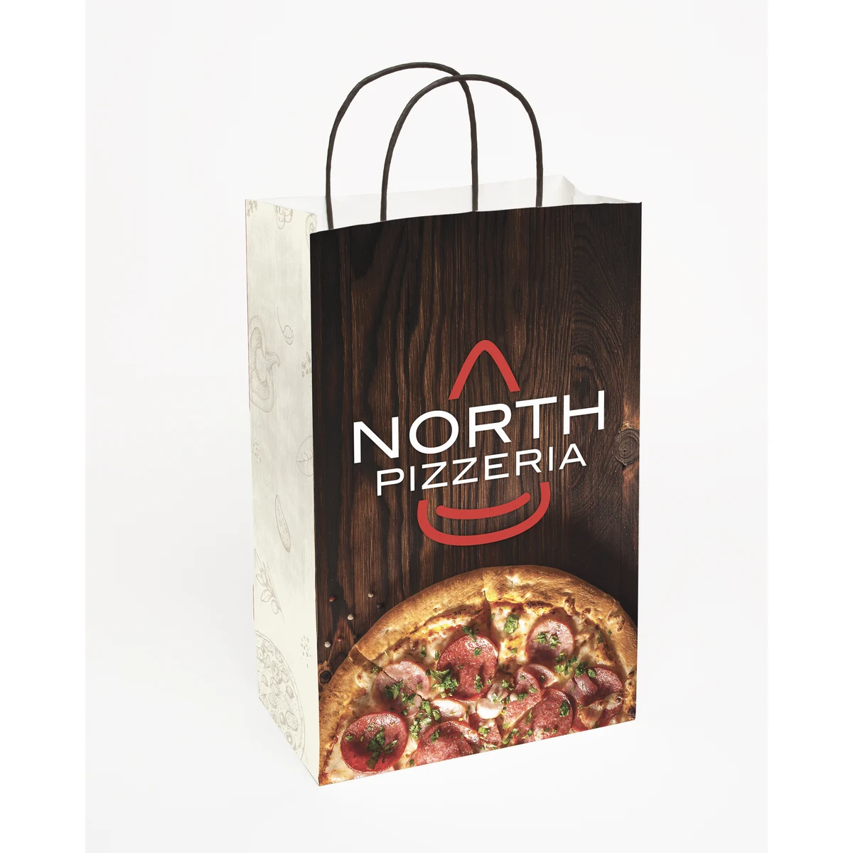 Multi-sided Full Color White Shopper Paper Bag - Black Handle (8.5" x 13.375" x 5") 1