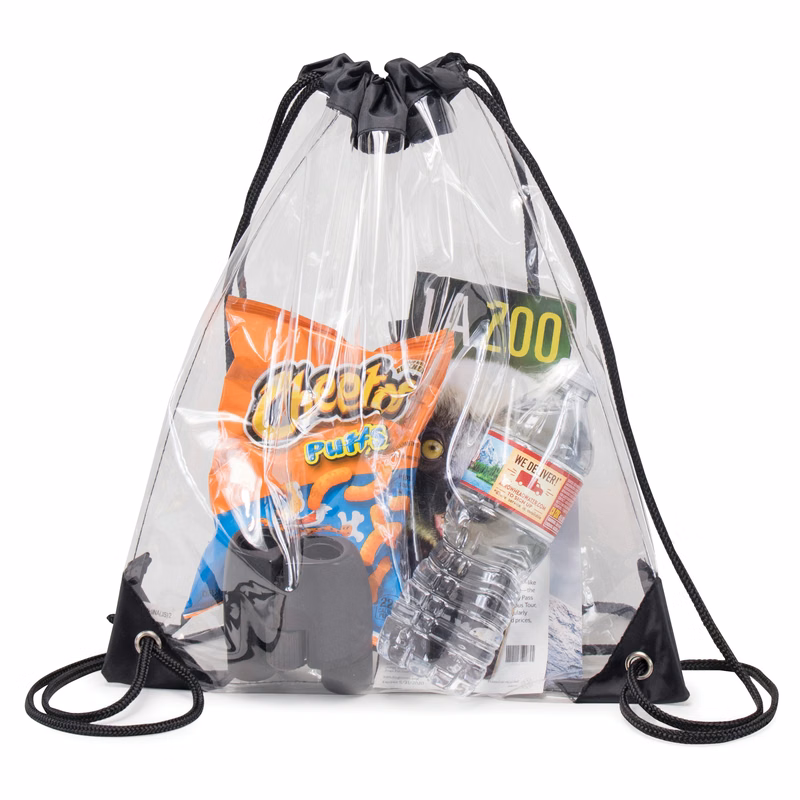 Clear Vinyl Drawstring Tote Bag w/Black Trim