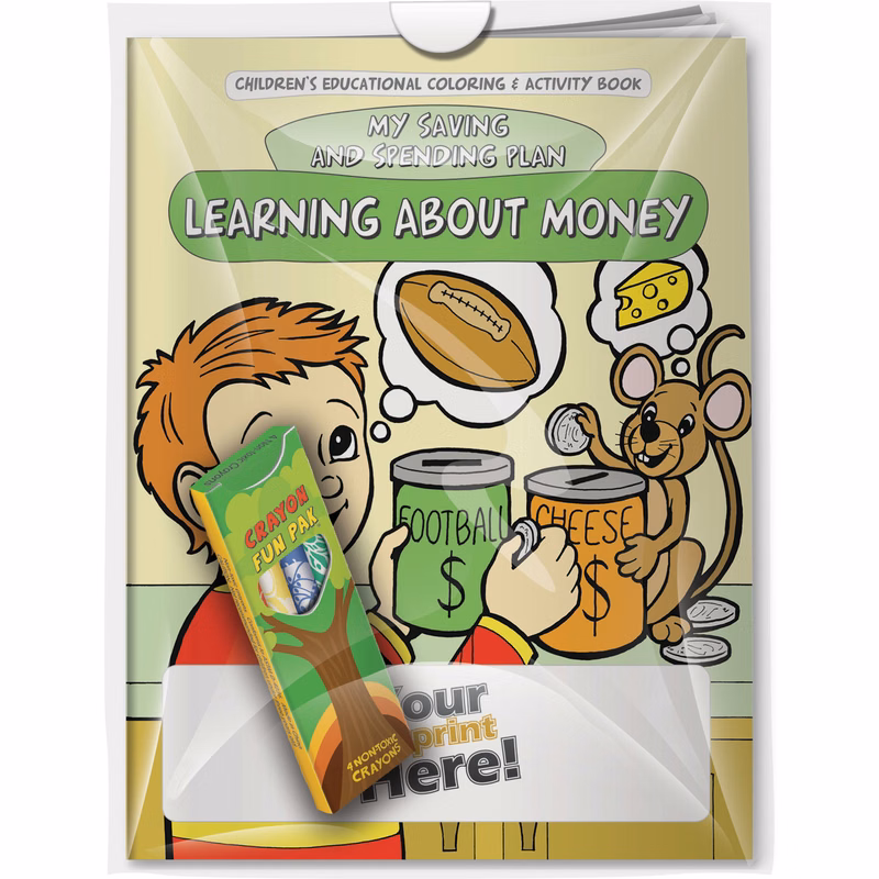Combo Pack - CB1033 Coloring Book & 4-Pack of Crayons (Imprinted) in a Poly Bag