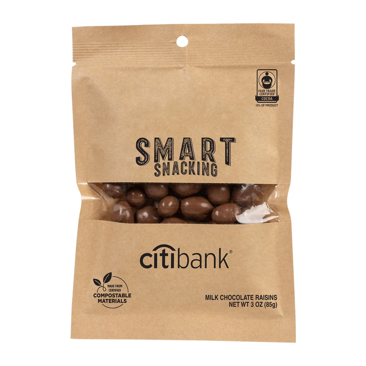 FairTrade Milk Chocolate Raisins in Compostable Kraft Pouch 1
