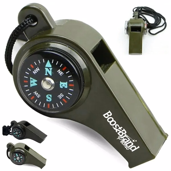 Custom Emergency Whistle with Compass & Lanyard — Outdoor Adventure Safety Gear Promo