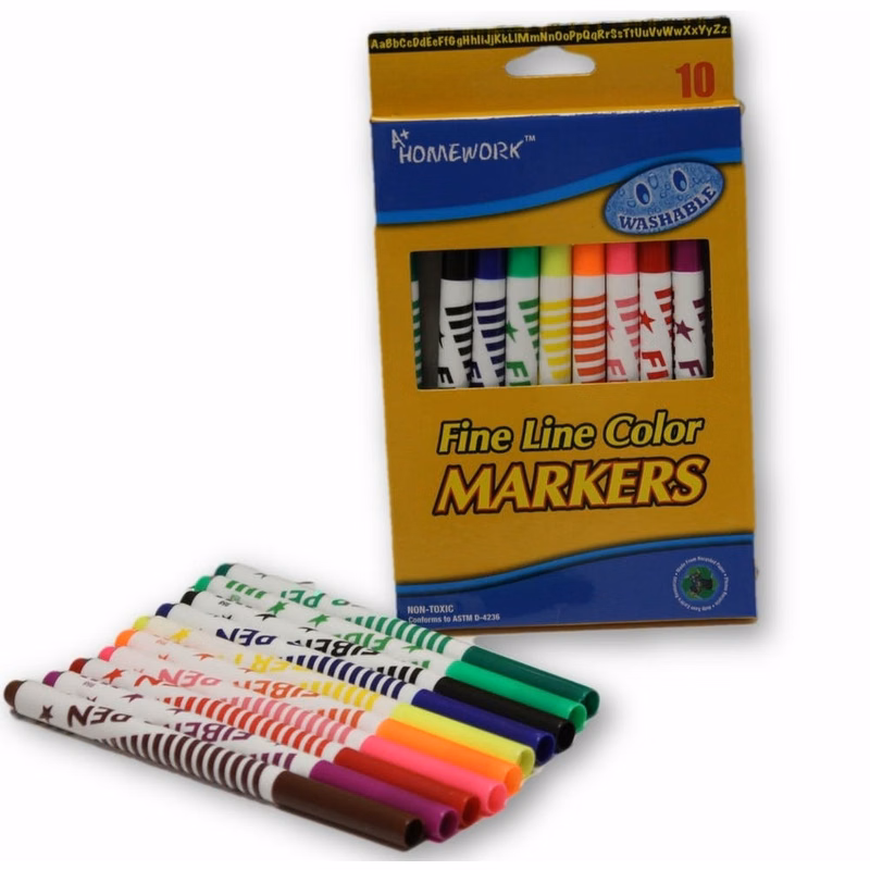 Fine Tip Markers - 10 Assorted Colors Washable