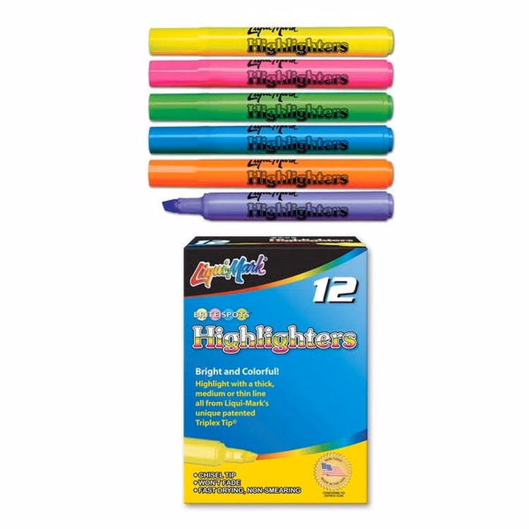 Highlighters - 12 Count 6 Bright Colors Chisel Tip