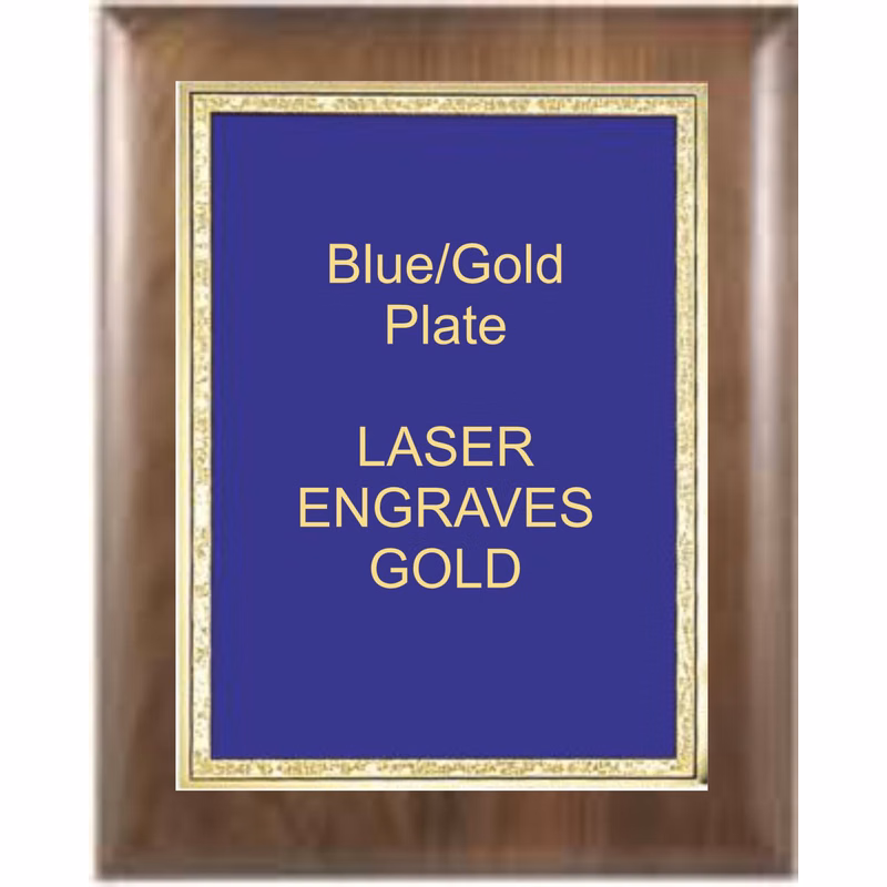 8" x 10" Genuine Walnut Elliptical Edge Square Corner Plaque with a Blue Florentine Plate.