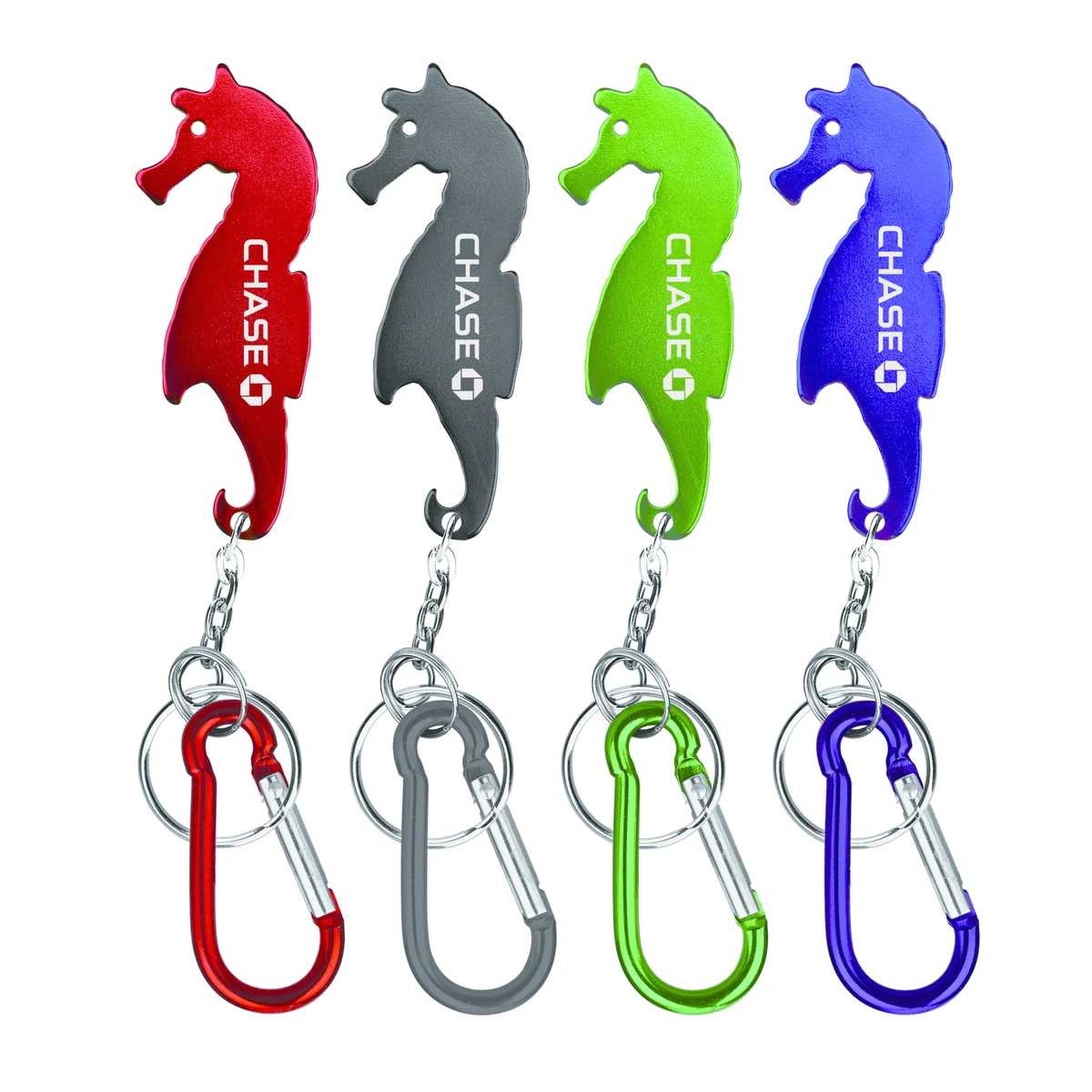 Sea horse shaped bottle opener with key chain & carabineer 1