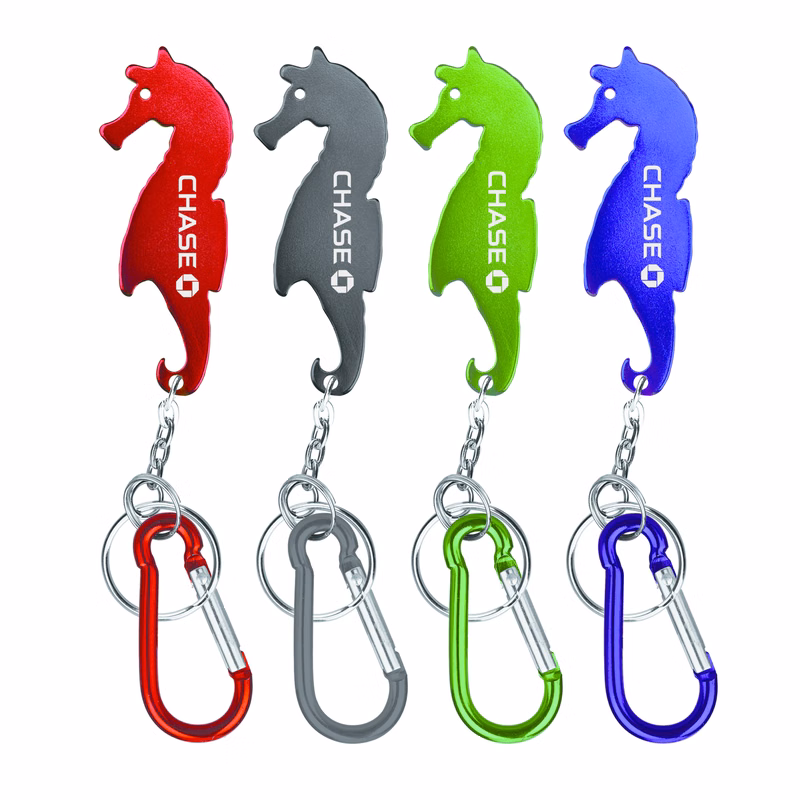 Sea horse shaped bottle opener with key chain & carabineer